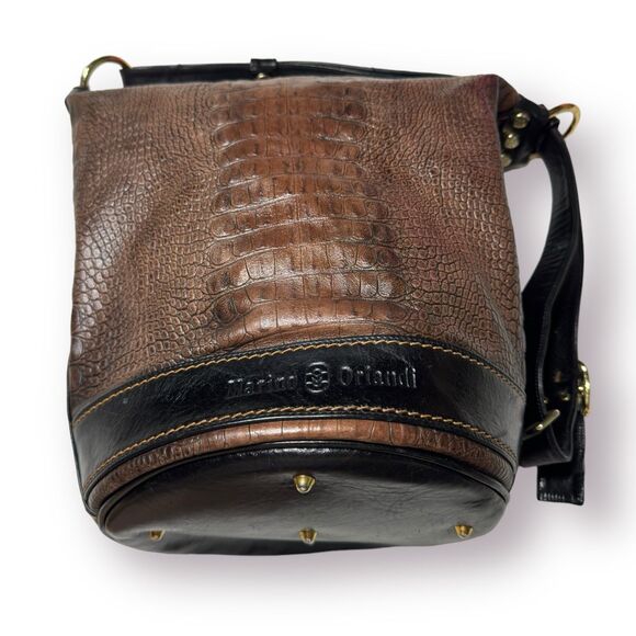 Marino Orlandi Leather Bucket Bag Croc Embossed‎ Leather Dual Sling Tote Vintage - Picture 5 of 10